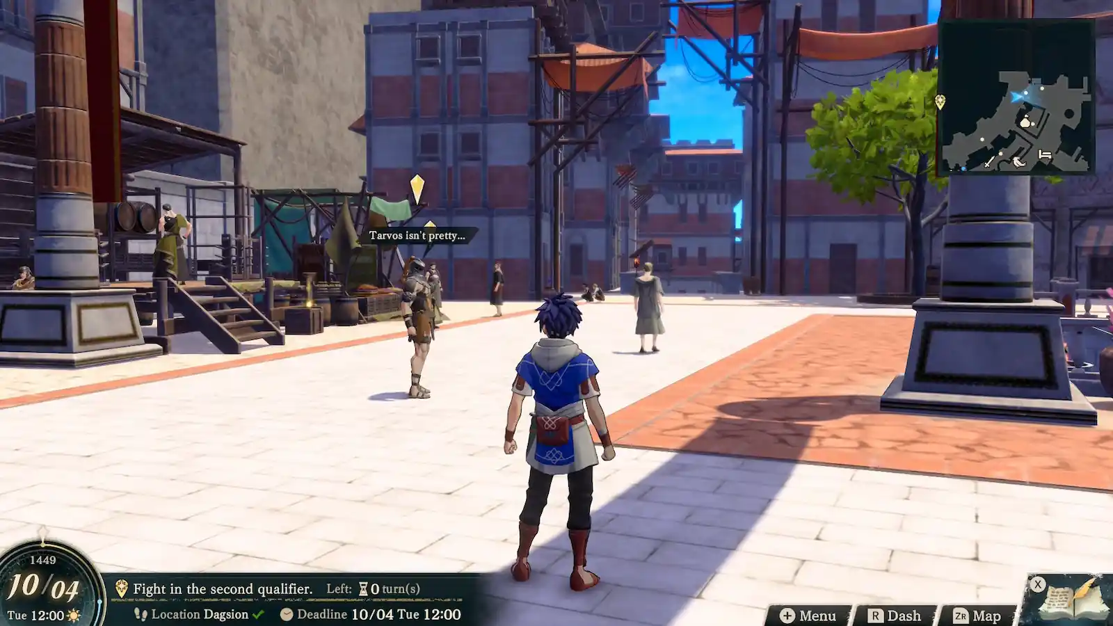 Cai recorre de día las calles de Dagsion en Fire Emblem: Fortune's Weave