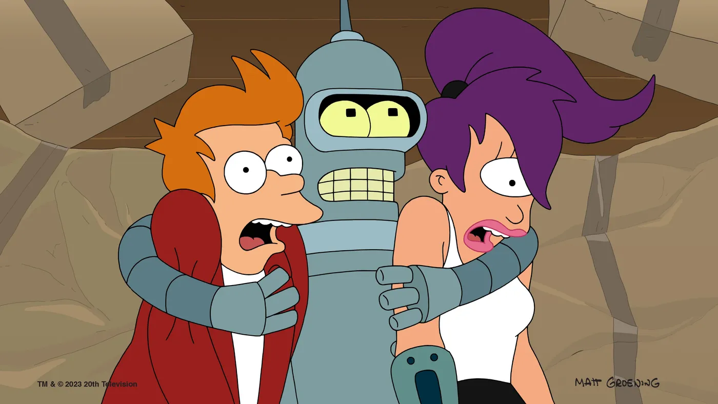 Bender abraza a Fry y a Leela, asustados, en una imagen de Futurama en Hulu