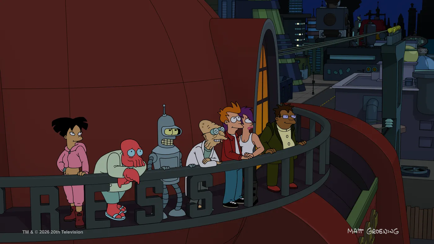 La tripulación de Planet Express mira la ciudad desde el edificio de la empresa en una imagen de la temporada 14 de Futurama