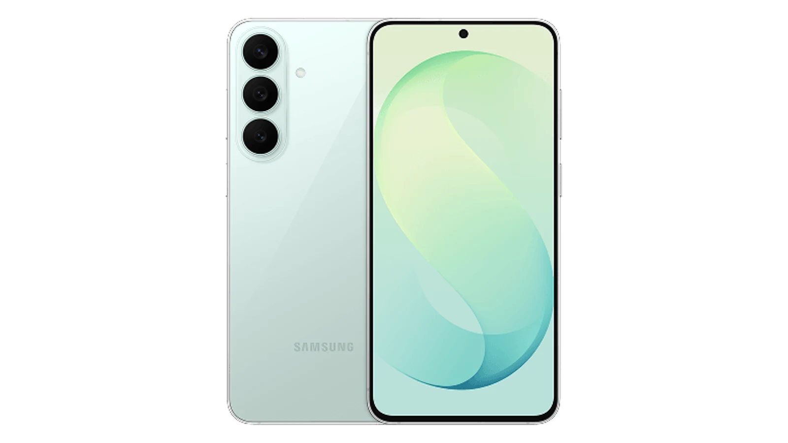 Samsung Galaxy S26 FE en color Pistachio, de frente y de espaldas, con su sistema de tres cámaras