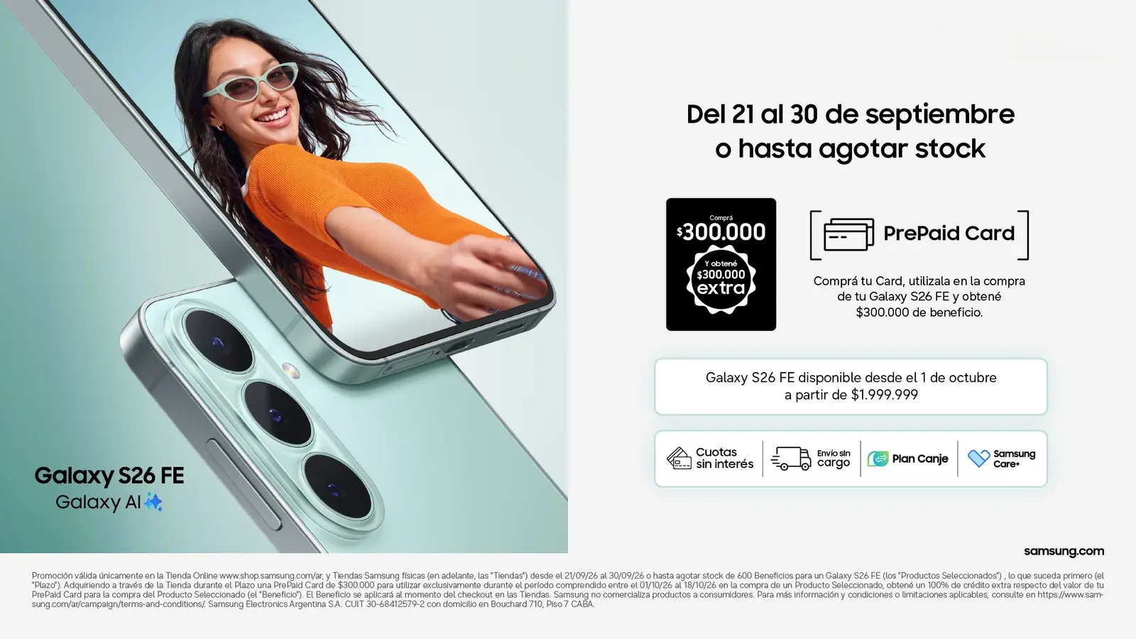 Lámina oficial de Samsung con las condiciones de la PrePaid Card del Galaxy S26 FE y el precio de lanzamiento en Argentina