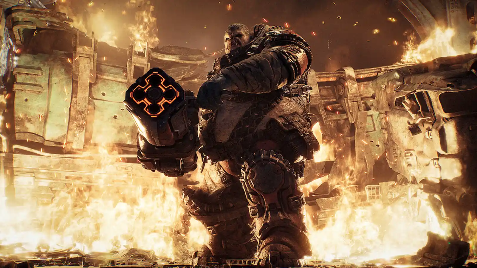 Un soldado de la COG con armadura avanza entre llamas en el arte oficial de Gears of War: E-Day