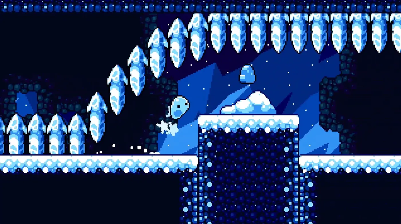 Nivel de hielo de Go Slimey Go, el videojuego argentino, con estalactitas y plataformas congeladas en pixel art azul