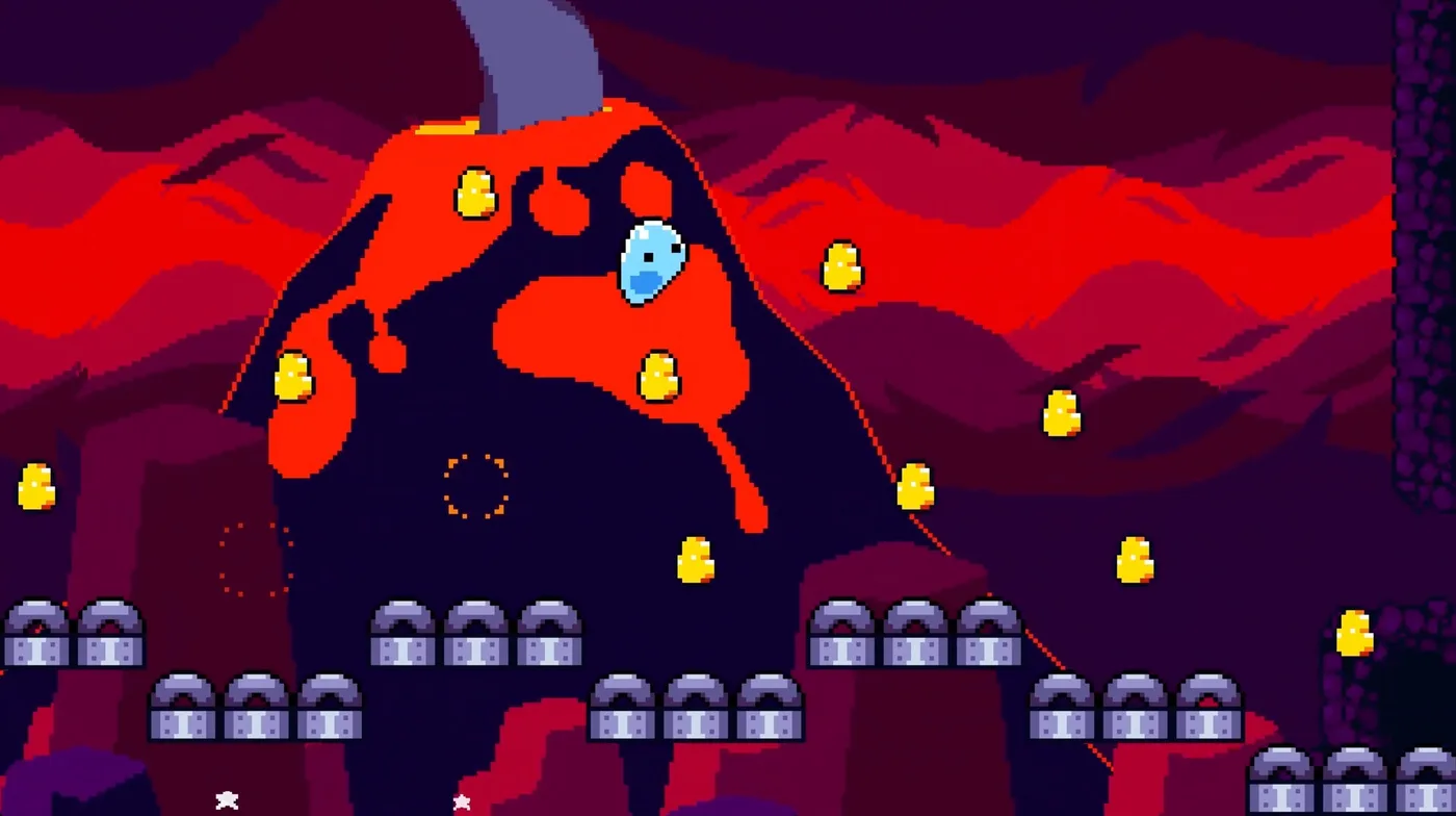 Nivel de volcán de Go Slimey Go, el videojuego argentino, con lava roja, monedas y plataformas de piedra en pixel art