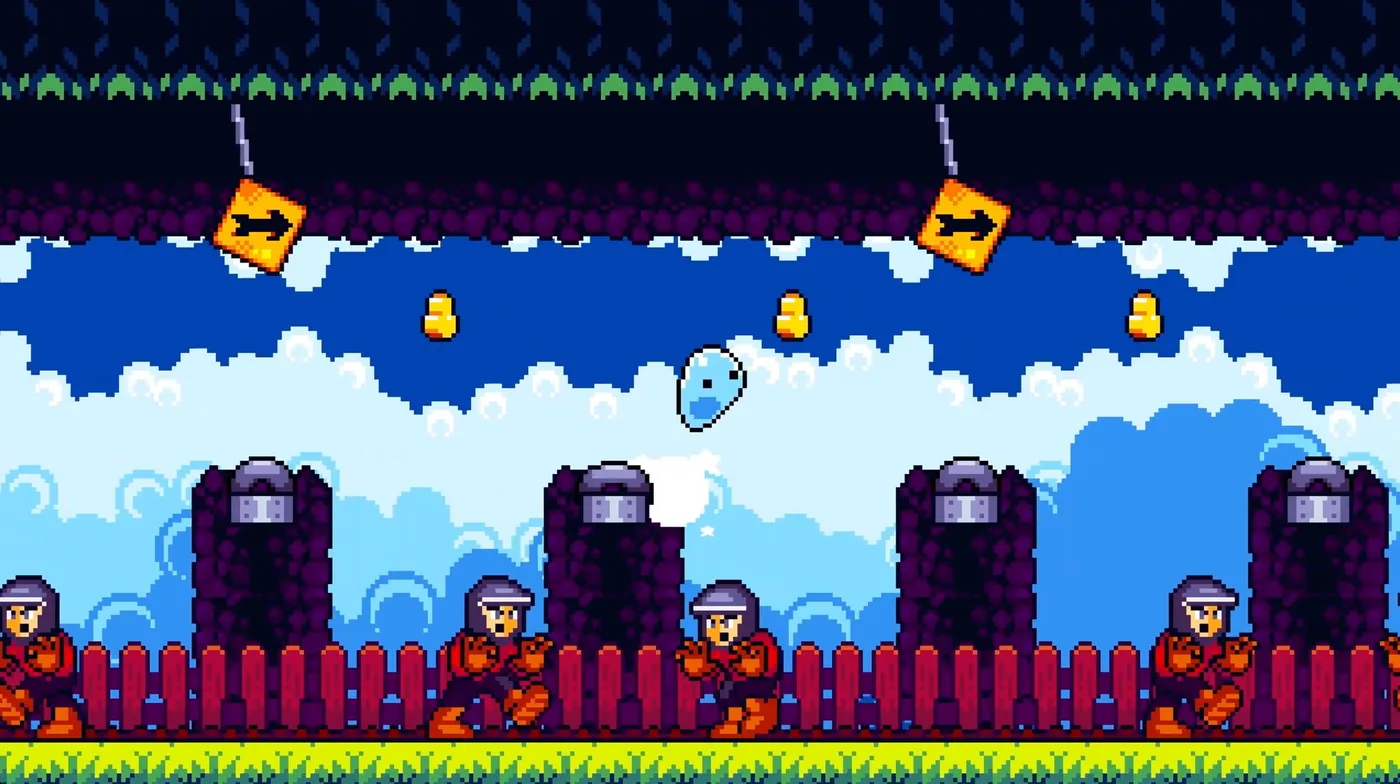 Captura de Go Slimey Go, el videojuego argentino: el slime protagonista en el aire sobre una cerca roja y varios soldados, con cielo azul de fondo