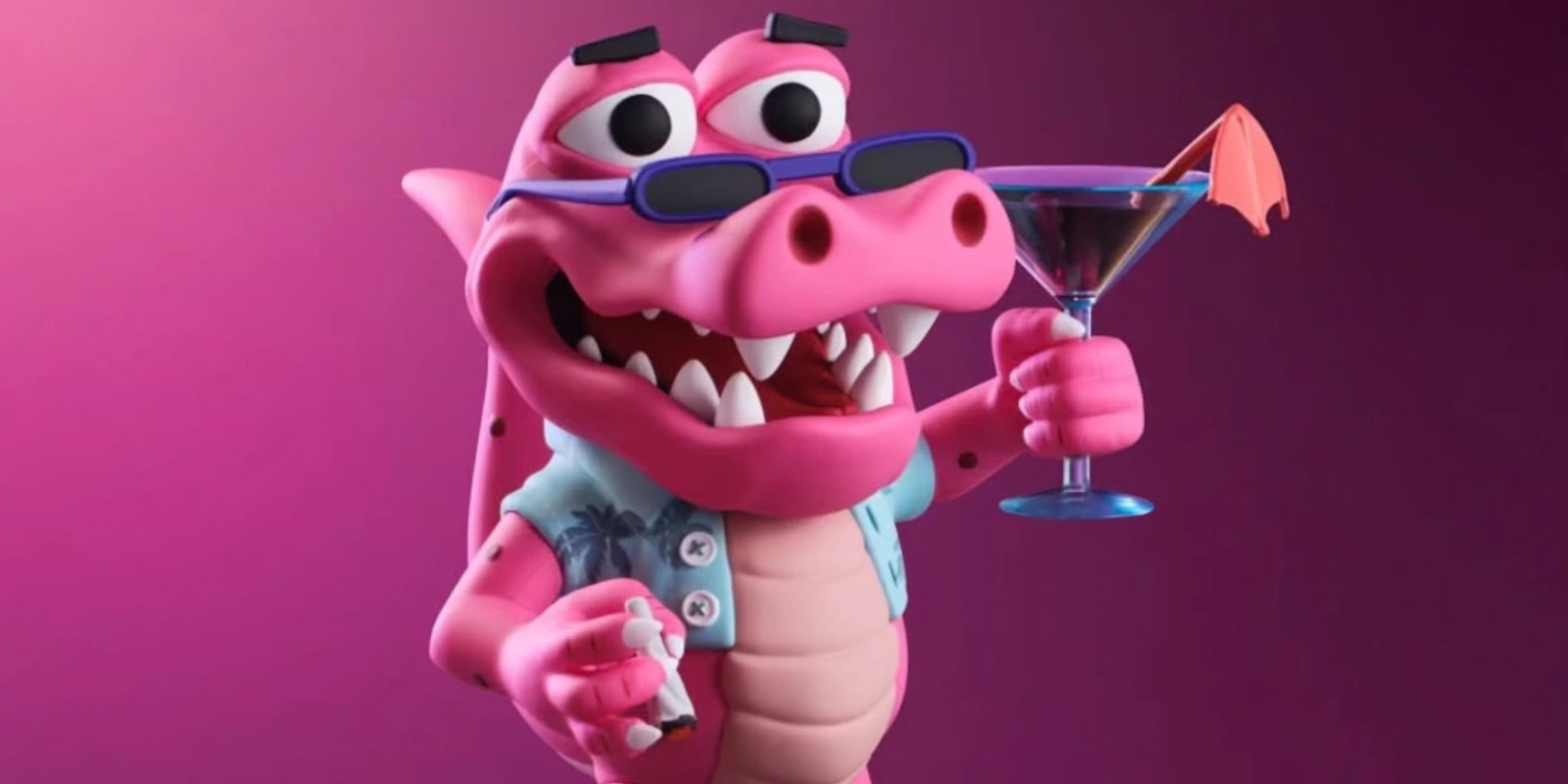 Figura coleccionable de Macca, el caimán de GTA 6, con anteojos de sol y un trago en la mano