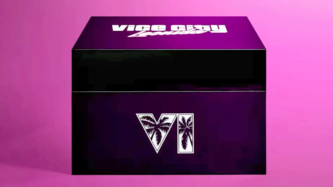 Caja de la edición coleccionista de GTA 6, The Goodtime State - Vice City Collection, con el logo VI sobre fondo violeta