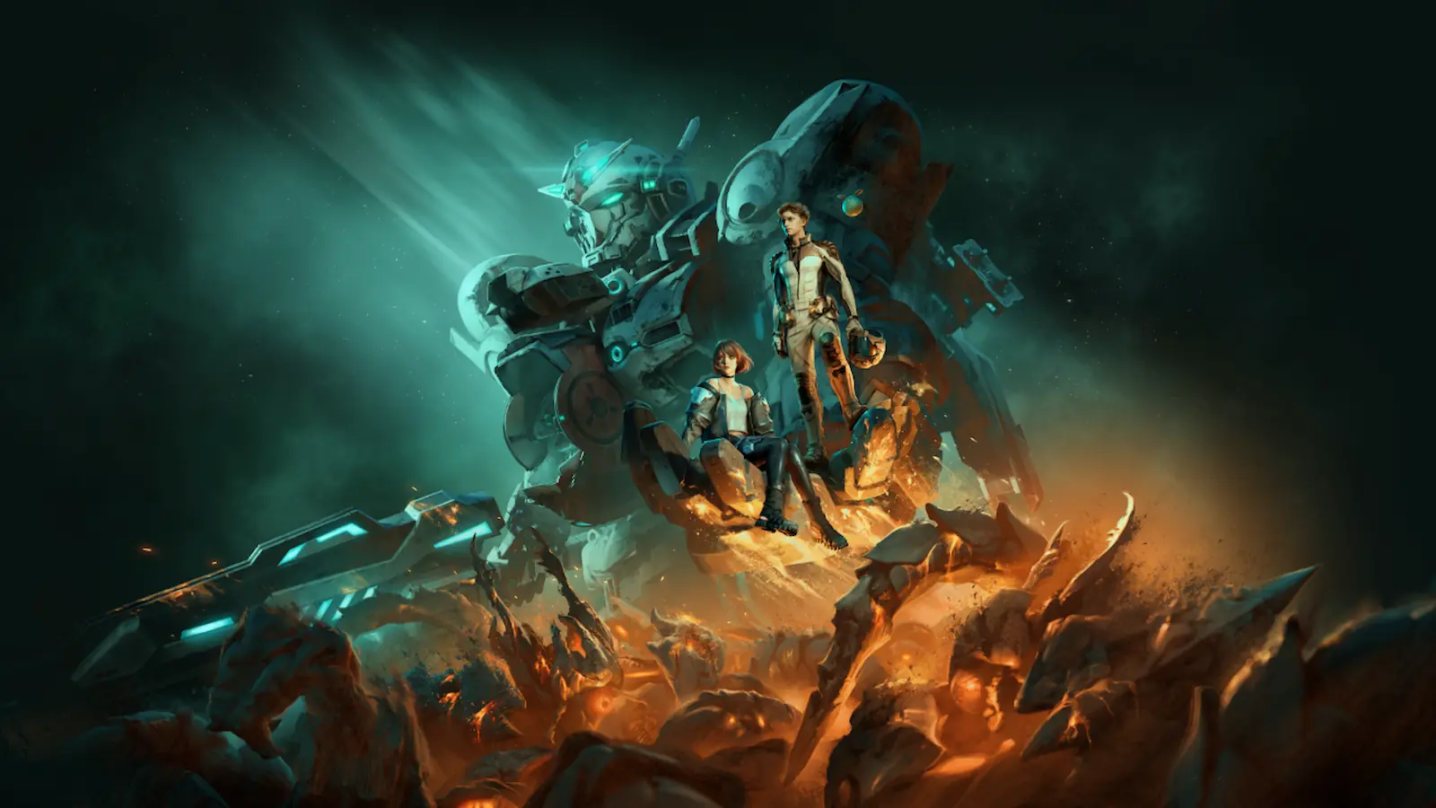 Arte principal de Gundam Rogue Orbit con el Mobile Suit protagonista y dos de sus personajes principales