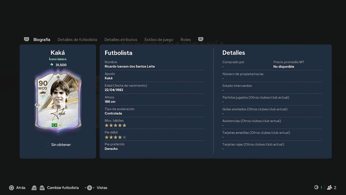Carta holográfica firmada de Kaká en Ultimate Team de EA Sports FC 27