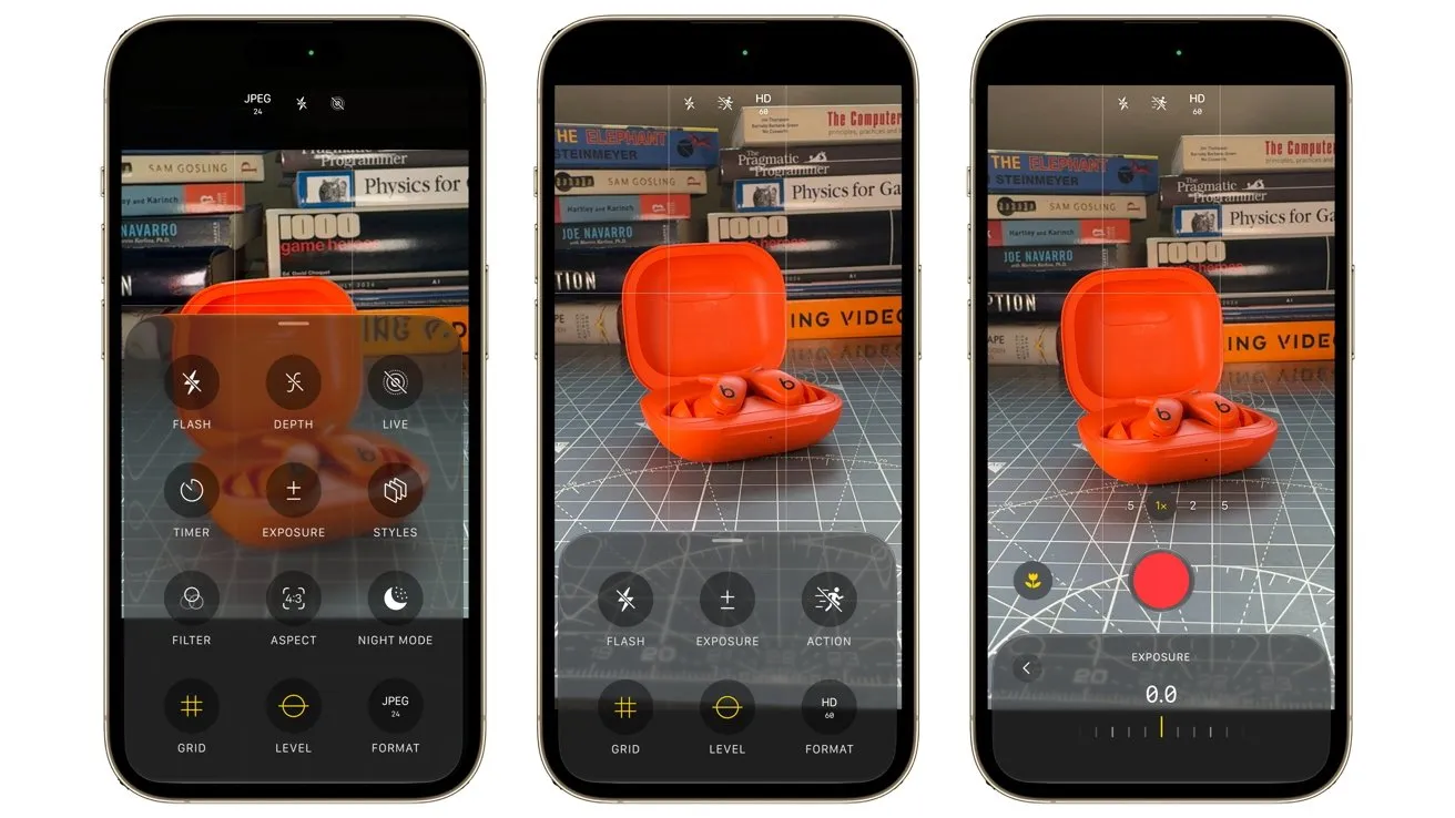 Controles de la app Cámara del iPhone en iOS, con los ajustes de flash, exposición y formato
