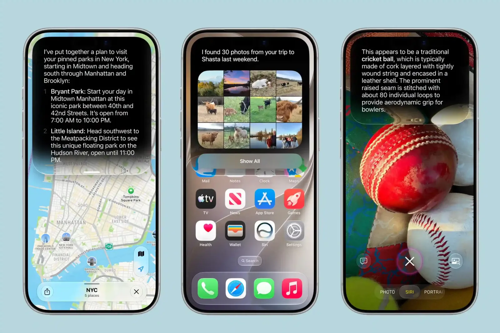 Tres iPhone con iOS 27 mostrando un itinerario en Mapas, la nueva búsqueda de Fotos y la inteligencia visual reconociendo una pelota de críquet