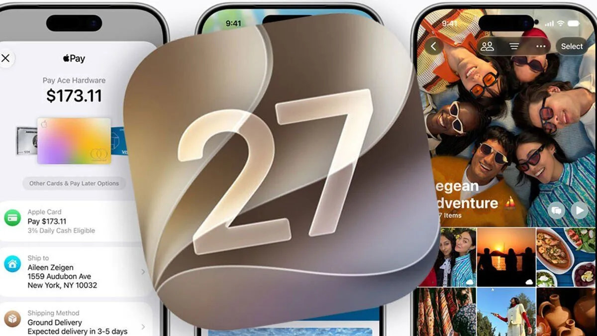Arte oficial de iOS 27 con el número 27 en relieve junto a capturas del iPhone con Apple Pay y un álbum compartido de Fotos