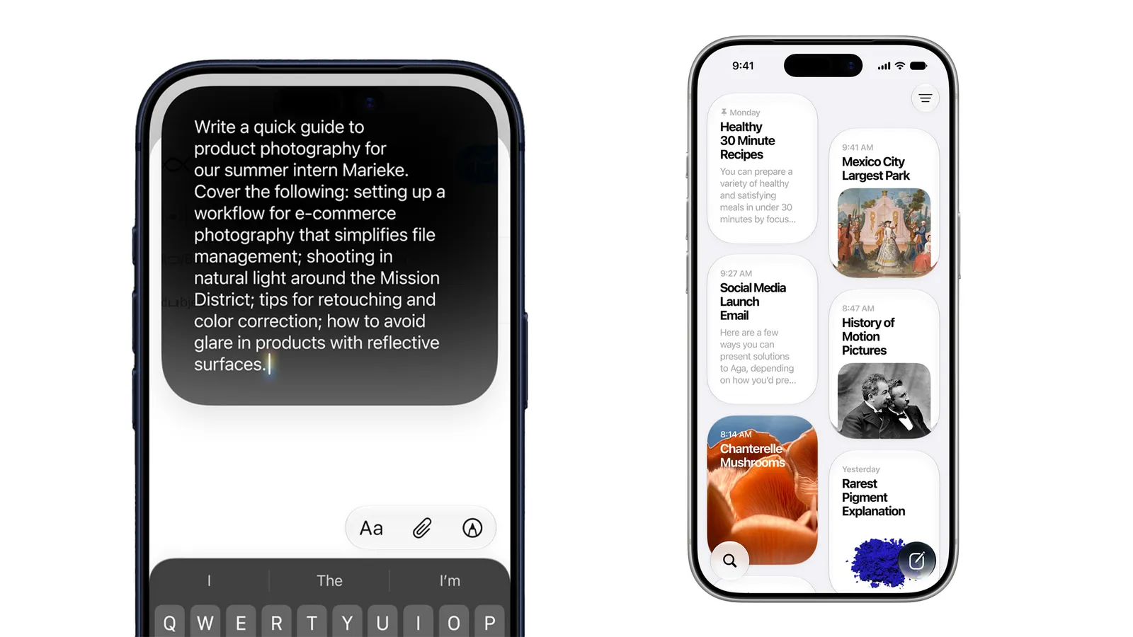 Dos iPhone con iOS 27: uno escribiendo una instrucción larga para Siri y otro con la app dedicada de Siri y su historial de conversaciones
