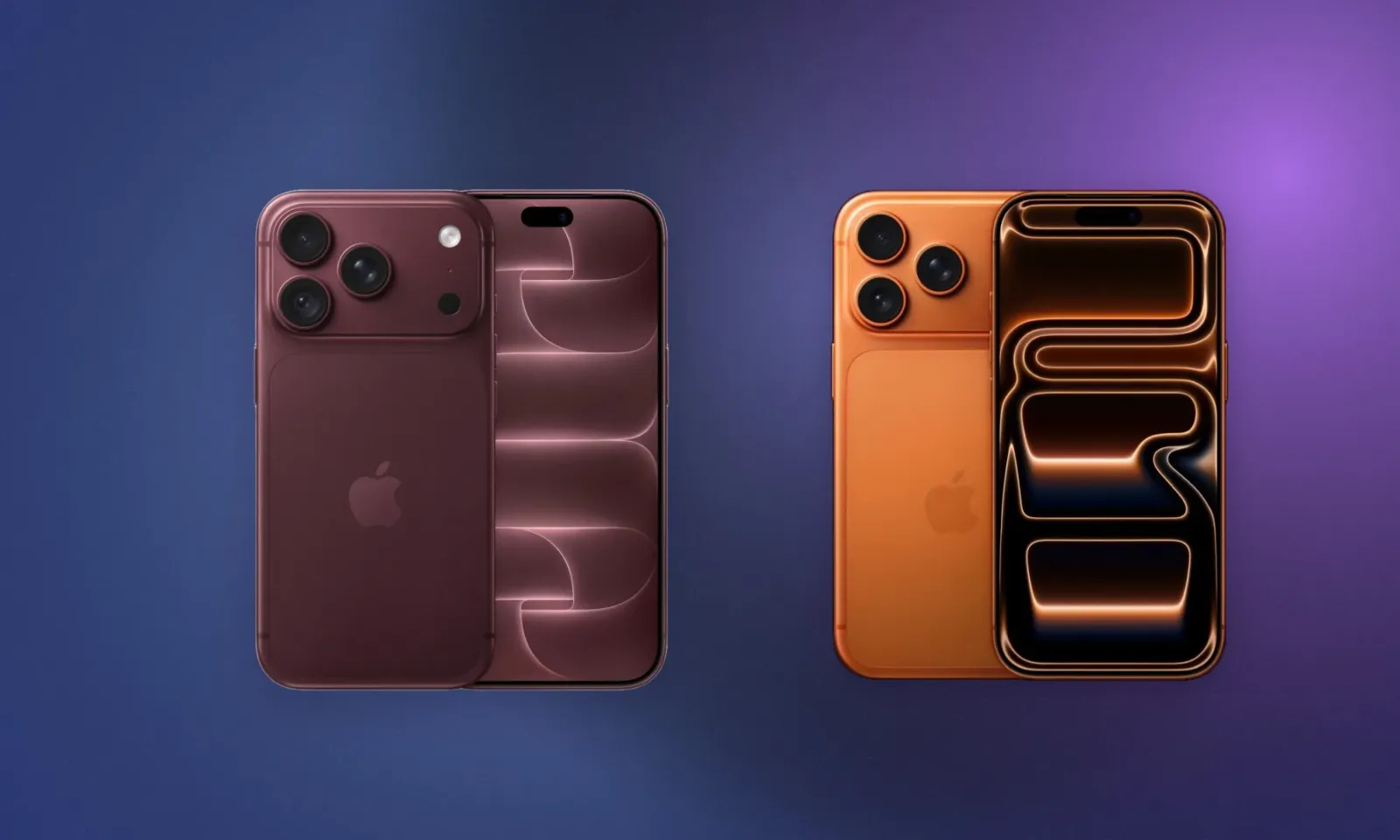 iPhone 18 Pro en burgundy junto al iPhone 17 Pro en naranja, de frente y de espaldas