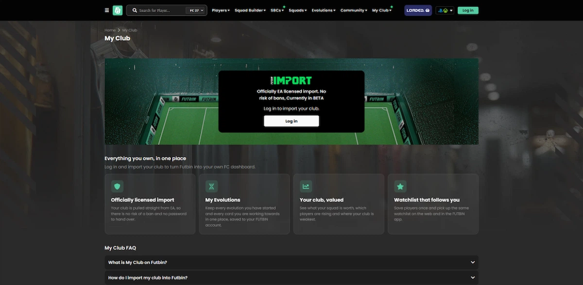 Sección My Club de FUTBIN con la opción para importar el club de EA Sports FC 27