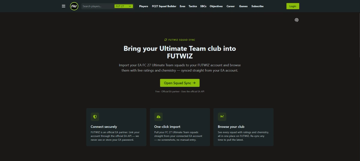 Pantalla de Squad Sync de FUTWIZ para importar el club de Ultimate Team de EA Sports FC 27