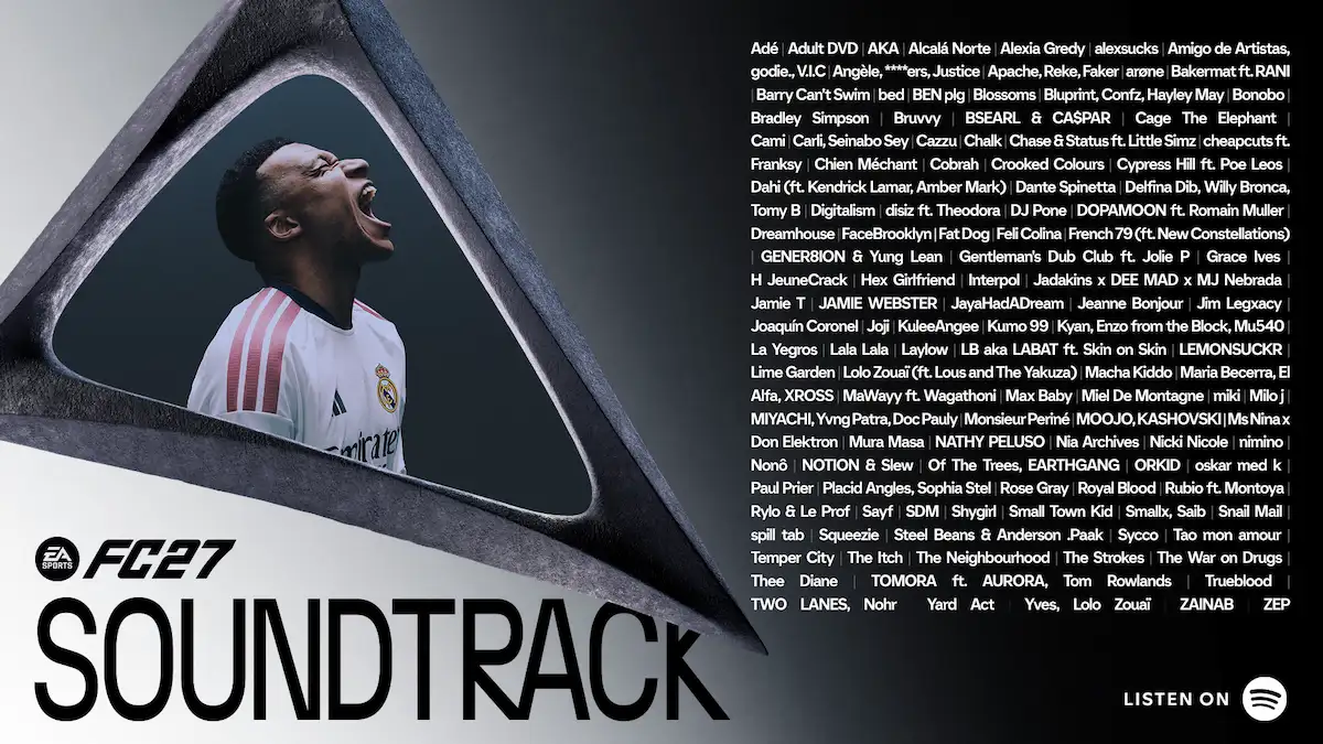 Placa oficial con la lista de artistas del soundtrack de EA FC 27, entre ellos los argentinos Milo j, Cazzu y Nathy Peluso