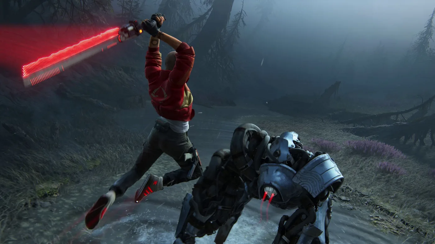 Jordan A. Mun ataca con su espada de energía a un robot en un bosque en Intergalactic: The Heretic Prophet