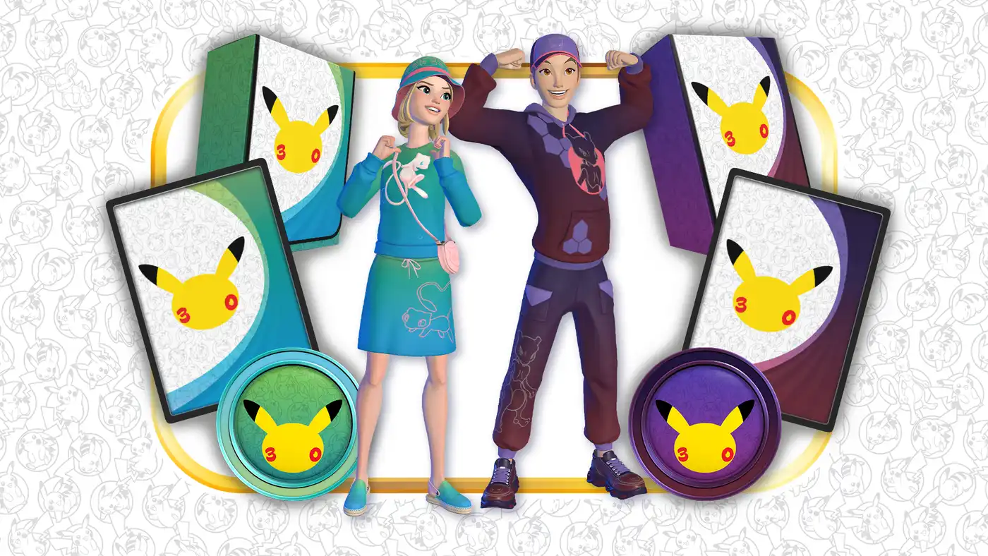 Avatares de JCC Pokémon Live con ropa de Mew y Mewtwo del 30 aniversario de Pokémon, junto a fundas y monedas con Pikachu del pase de combate Celebración 30.º Aniversario