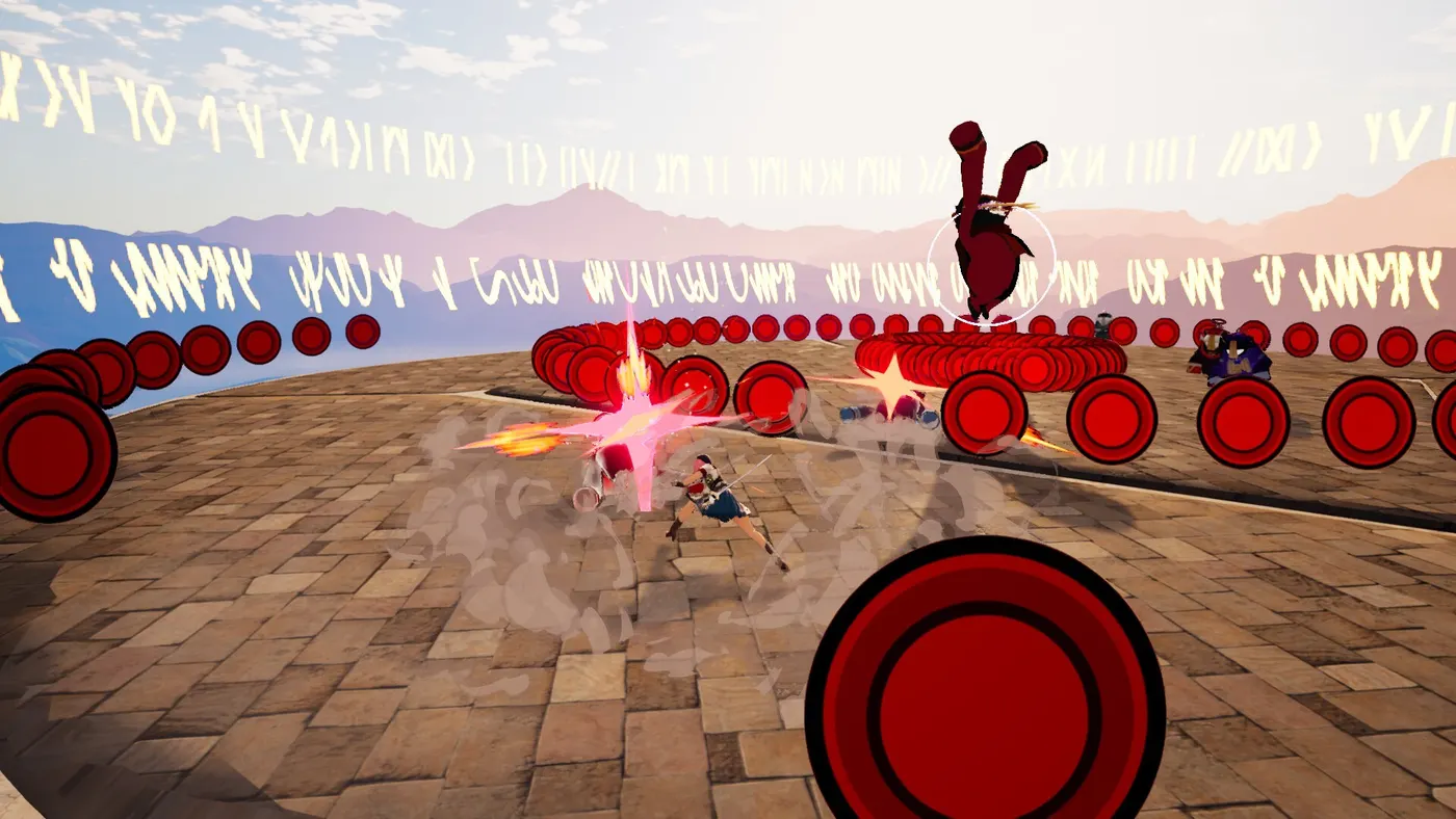 Combate contra un jefe en Kernel Hearts: el escenario se llena de círculos rojos de ataque mientras la protagonista contraataca