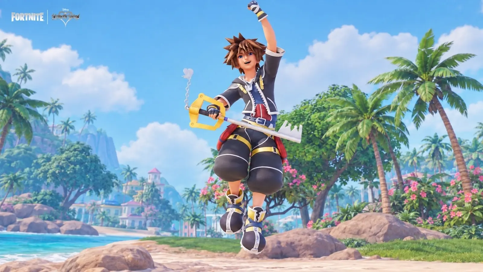 Sora de Kingdom Hearts con su llave espada en el arte de la colaboración con Fortnite