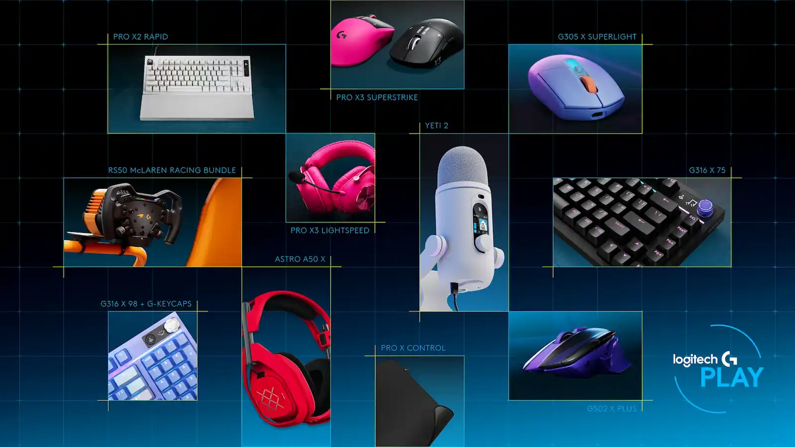 Collage oficial de la Logitech G Play 2026 con los teclados, mouses, auriculares, el micrófono Yeti 2 y el volante RS50 presentados en el evento
