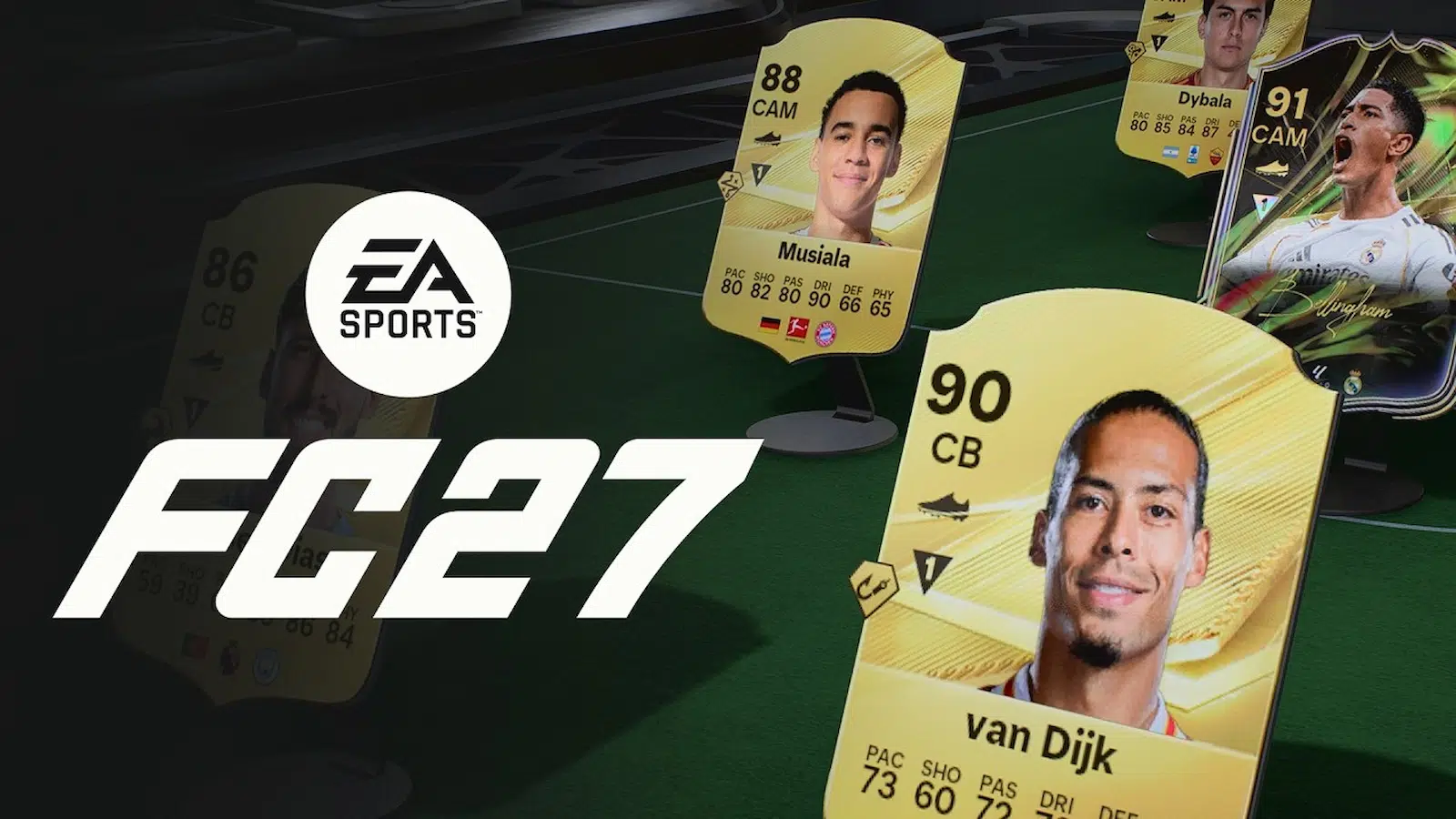 Cartas de Ultimate Team de Van Dijk, Musiala y Dybala junto al logo de EA Sports FC 27