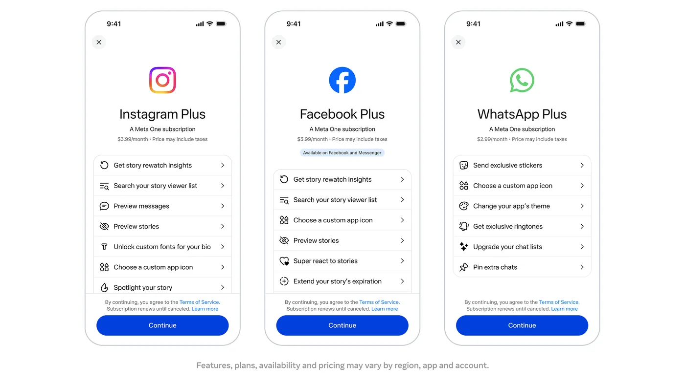 Pantallas de Instagram Plus, Facebook Plus y WhatsApp Plus, los planes individuales de Meta One