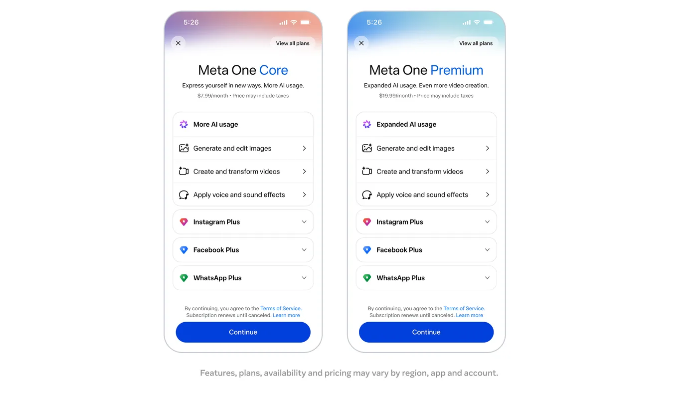 Pantallas de suscripción de Meta One Core y Meta One Premium, los planes con más uso de IA que incluyen Instagram Plus, Facebook Plus y WhatsApp Plus