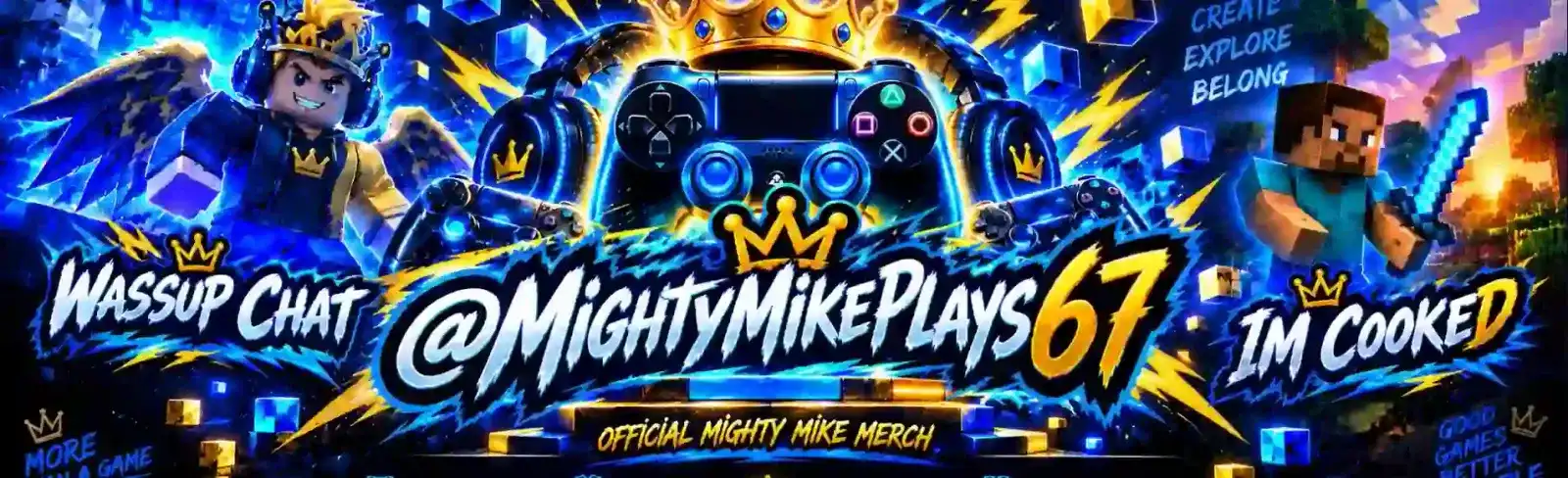 Banner del canal de YouTube Mighty Mike Plays con la leyenda IM COOKED y un enlace al merchandising oficial