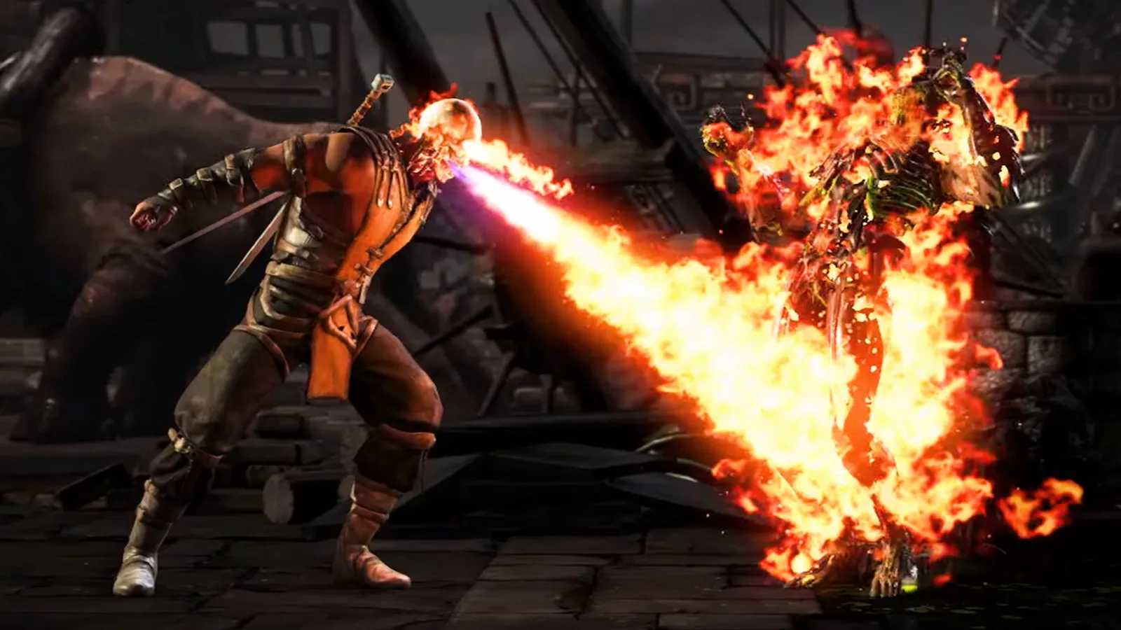 Scorpion lanzando fuego contra un rival en llamas en Mortal Kombat, la saga de NetherRealm