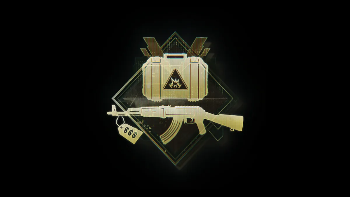 Emblema del modo Collateral de Modern Warfare 4: un maletín con símbolo de explosivo y un fusil con una etiqueta de precio