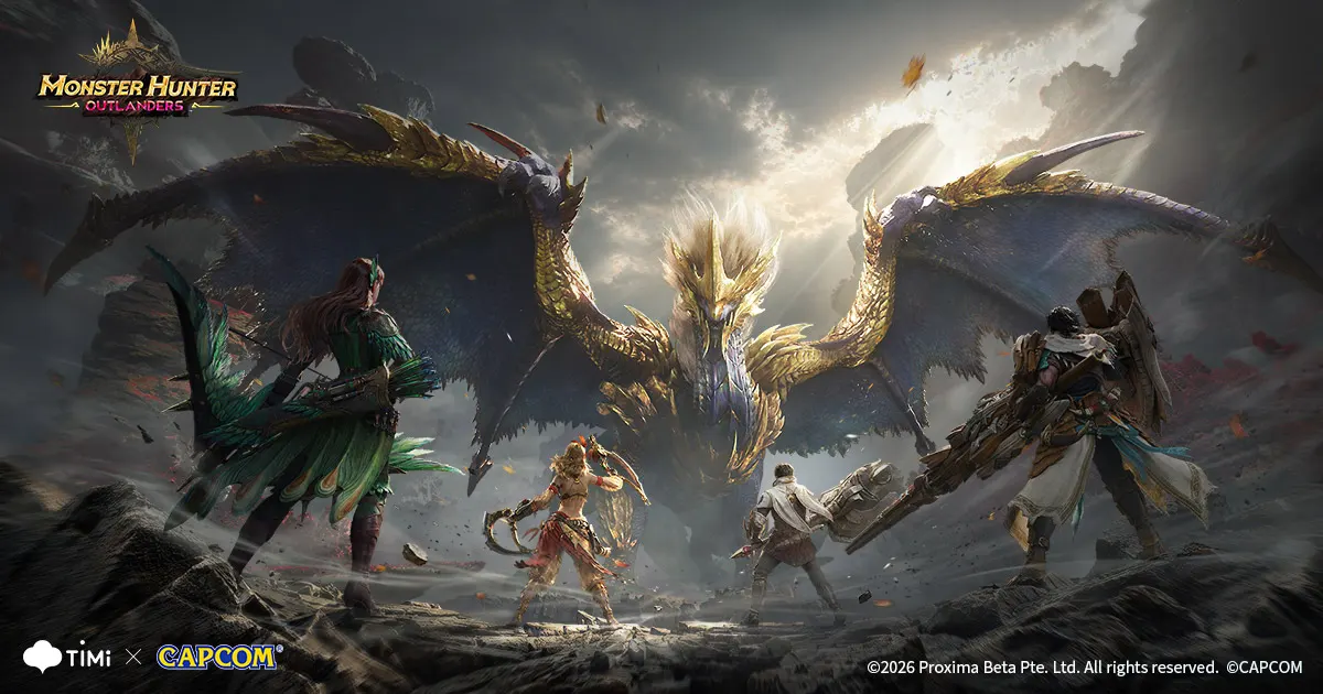 Arte oficial de Monster Hunter Outlanders: cazadores enfrentan a un gran dragón dorado