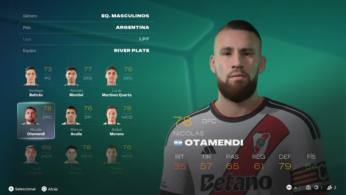 Nicolás Otamendi con face scan en el plantel de River Plate en EA Sports FC 27