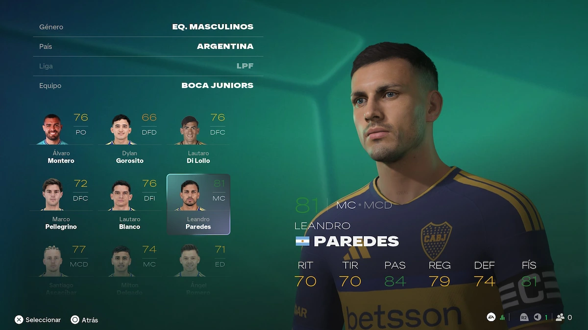 Leandro Paredes con face scan en el plantel de Boca Juniors en EA Sports FC 27
