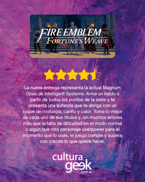 Placa de puntaje de la review de Fire Emblem: Fortune's Weave en CulturaGeek: 4,5 estrellas de 5