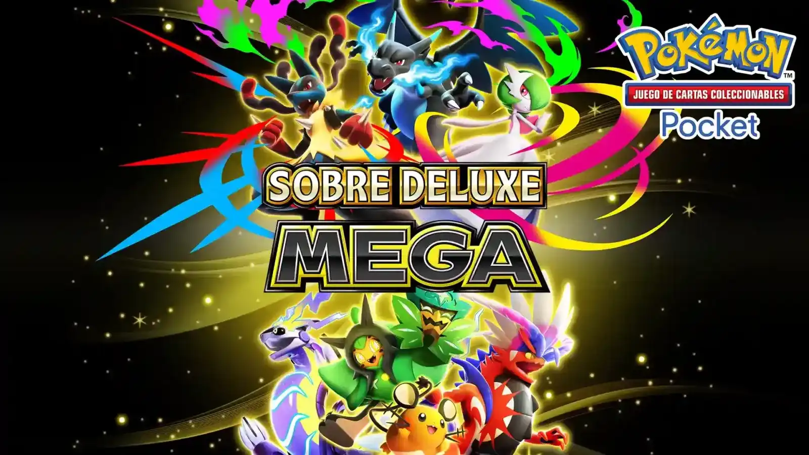 Arte oficial del Sobre Deluxe Mega de Pokémon Pocket con Mega-Charizard X, Mega-Lucario, Mega-Gardevoir y otros Pokémon