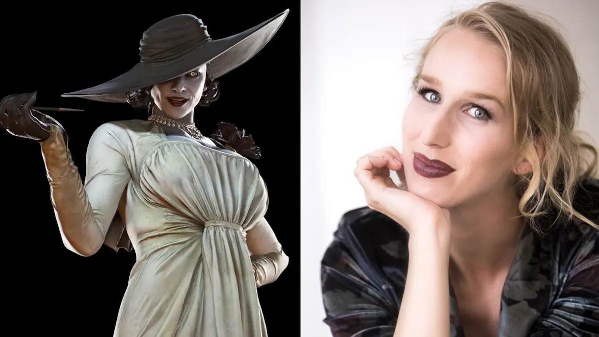 Render de Lady Dimitrescu de cuerpo entero junto a un retrato de la actriz Maggie Robertson