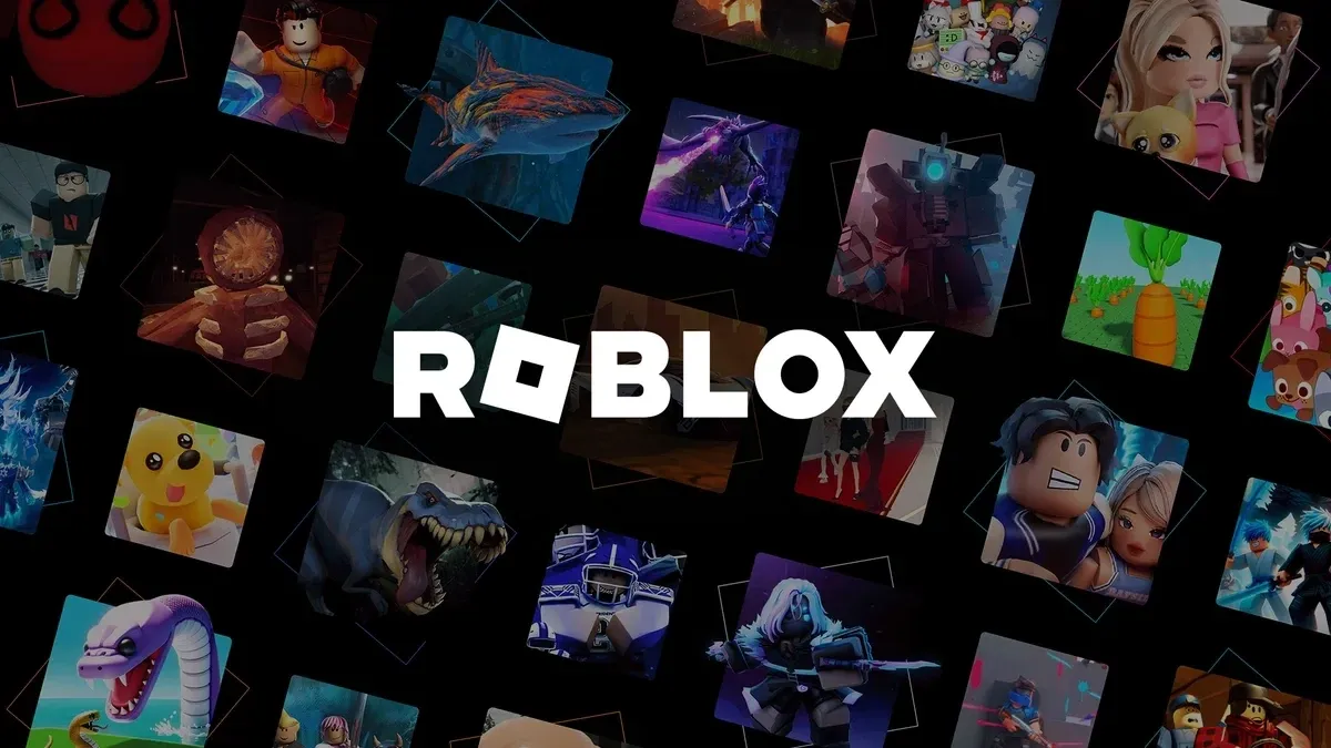 Arte oficial de Roblox con el logo rodeado de personajes y experiencias de la plataforma