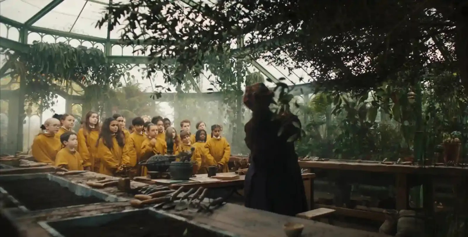 La clase de Herbología en el invernadero de Hogwarts, en la serie de Harry Potter de HBO