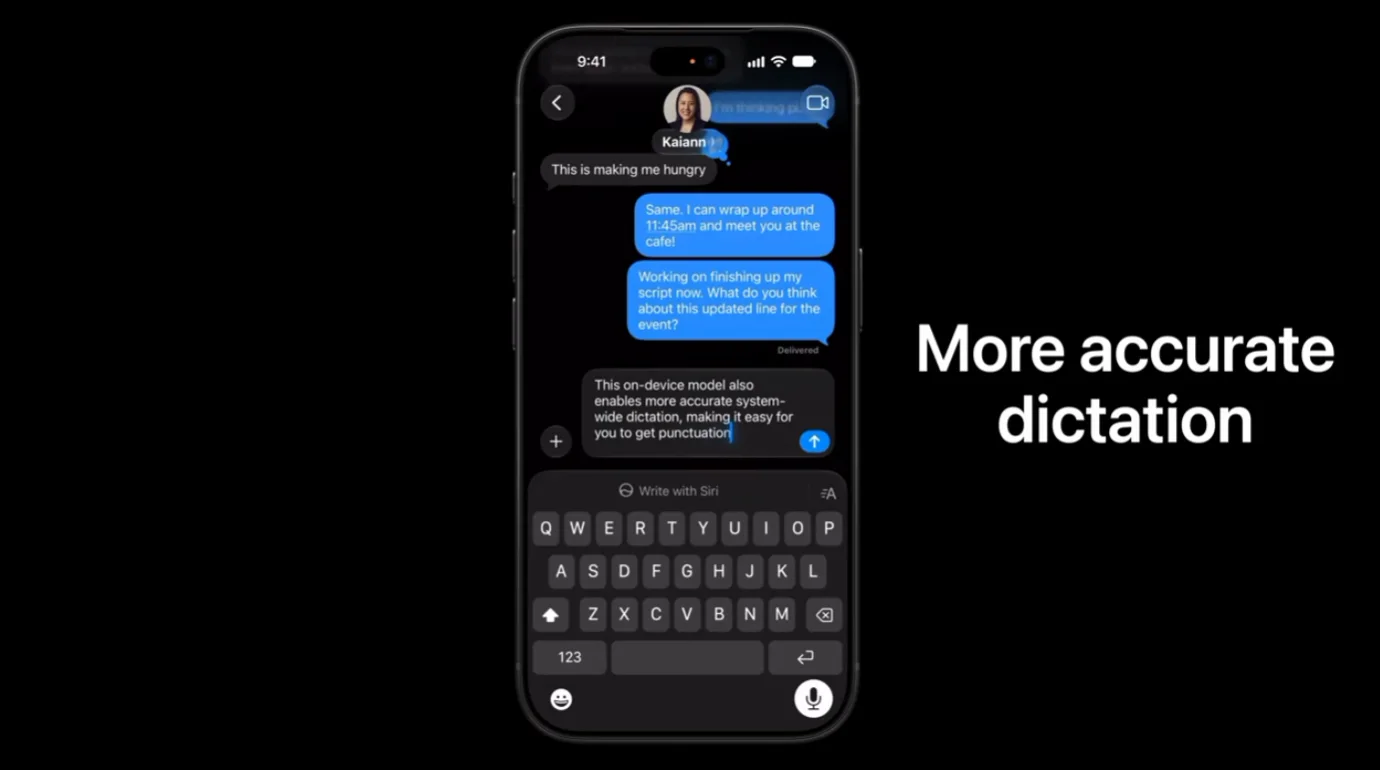 Slide del keynote de Apple sobre el dictado más preciso de Siri AI en el iPhone 18 Pro