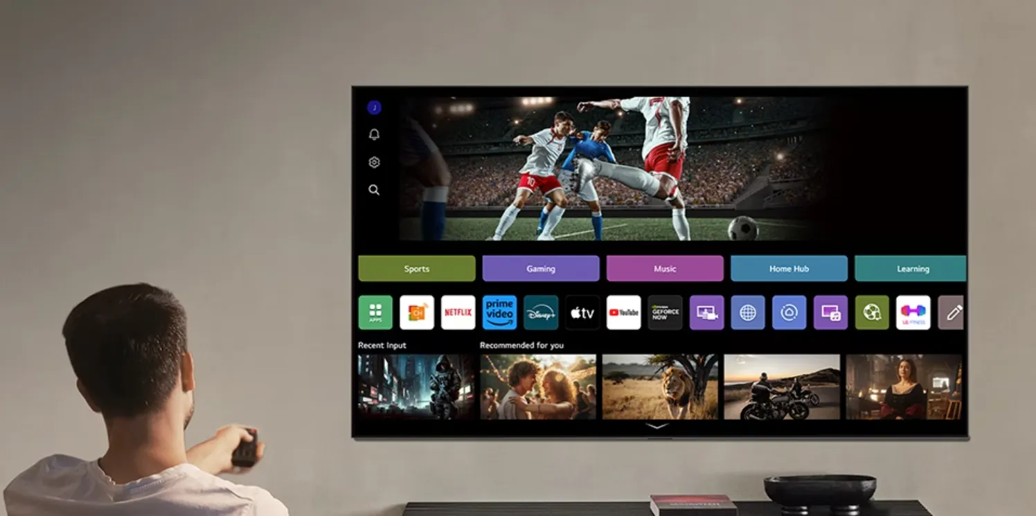 Hombre de espaldas con el control remoto en la mano frente a un Smart TV LG con la interfaz webOS
