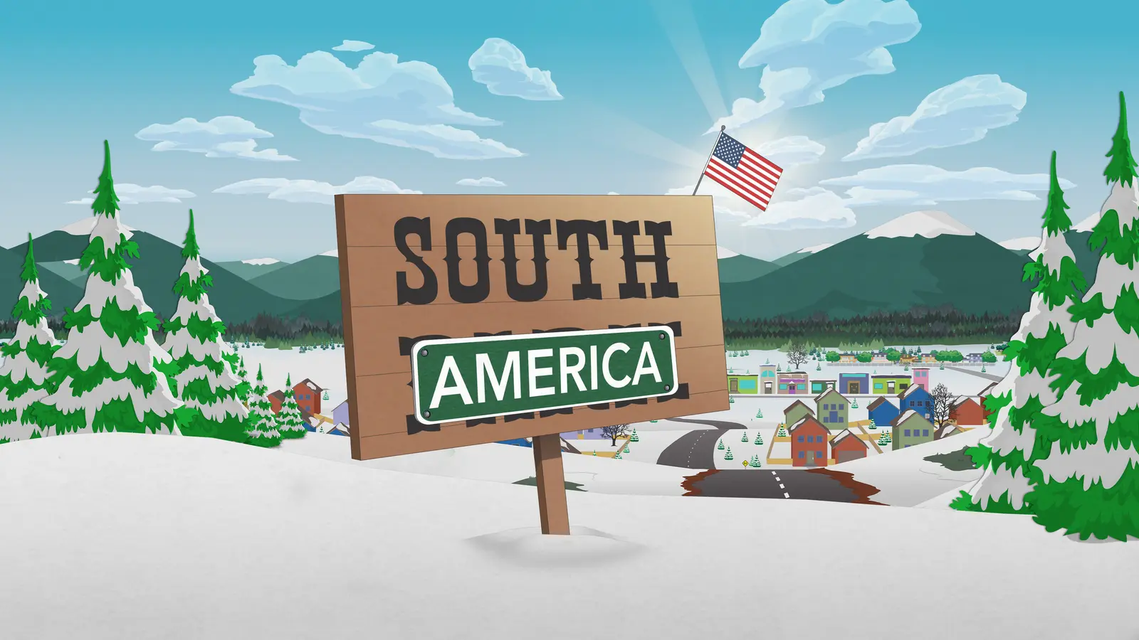 Cartel de entrada al pueblo de South Park con la palabra Park tapada por un parche verde que dice America y una bandera de Estados Unidos arriba