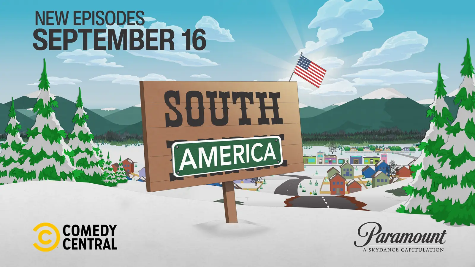 Arte oficial de South Park South America con la fecha de estreno del 16 de septiembre y el logo de Paramount firmado A Skydance Capitulation
