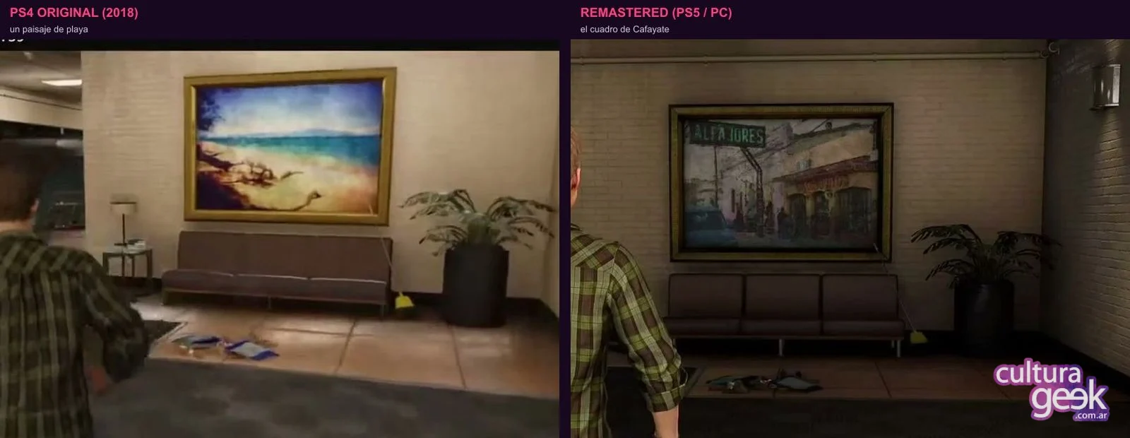 Comparación del mismo lugar del refugio F.E.A.S.T. en Spider-Man: en PS4 cuelga un paisaje de playa y en la Remastered el cuadro de Alfajores Calchaquitos de Cafayate