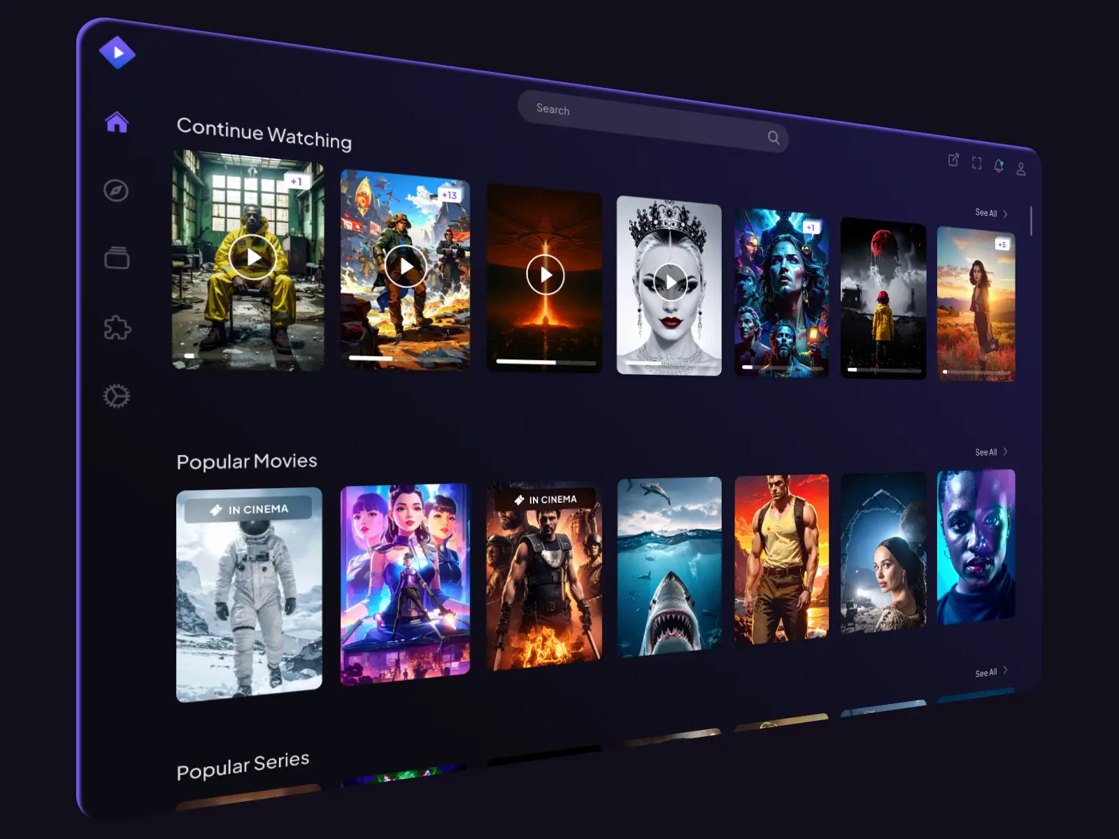 Pantalla principal de Stremio 5 en escritorio, con la fila para seguir viendo y las películas populares