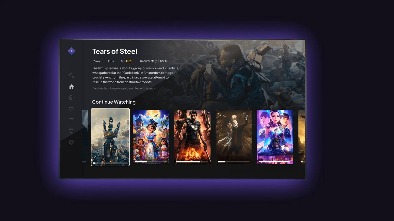 Stremio 5 en un televisor, con la ficha de una película y la fila de títulos para seguir viendo