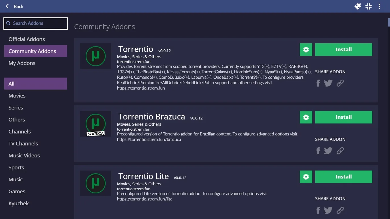 Catálogo de add-ons de la comunidad en Stremio, con Torrentio entre los complementos disponibles