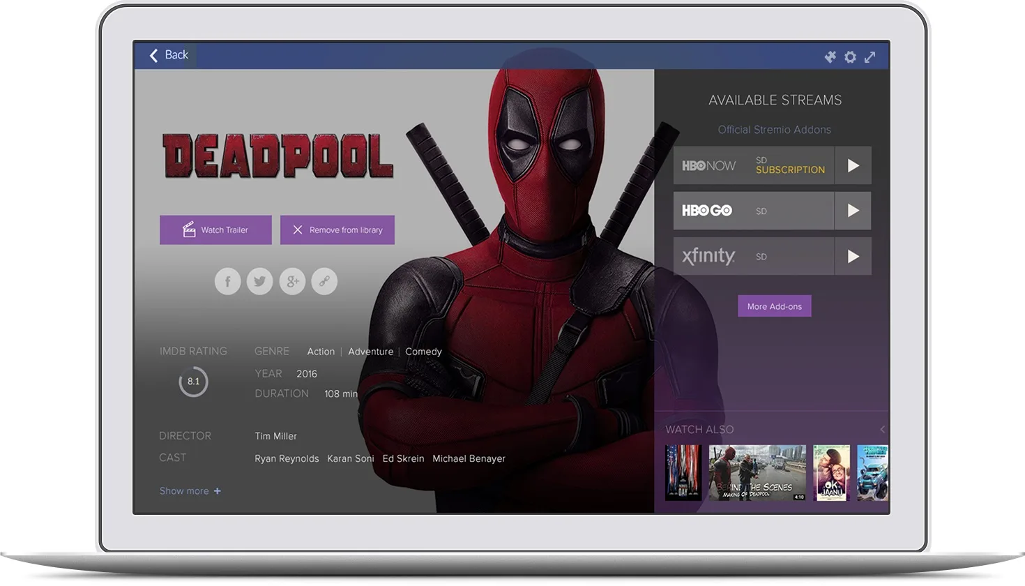 Ficha de una película en Stremio con las plataformas de streaming disponibles para verla