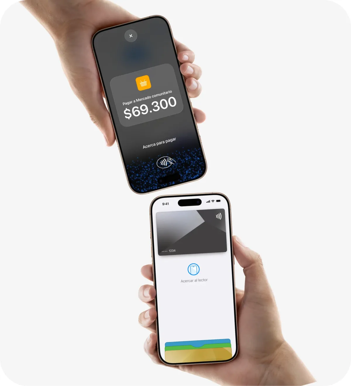 Un iPhone con la app de Mercado Pago cobra 69.300 pesos con Tap to Pay mientras otro iPhone paga con Apple Pay